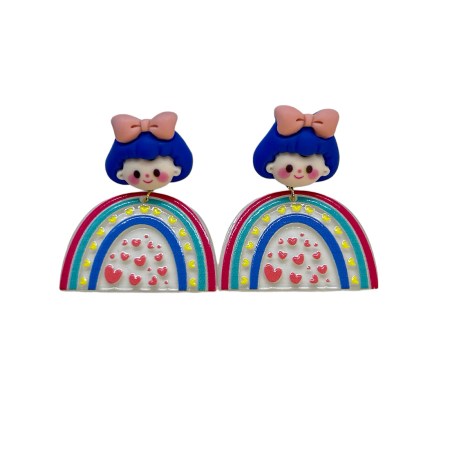 earrings stud plexiglass and clay girl with blue hair